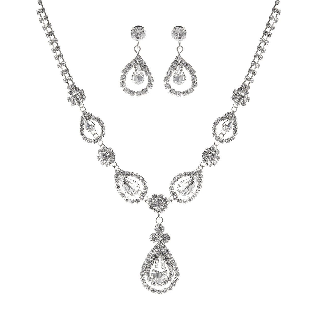 Silver teardrop necklace and earrings set on a white background