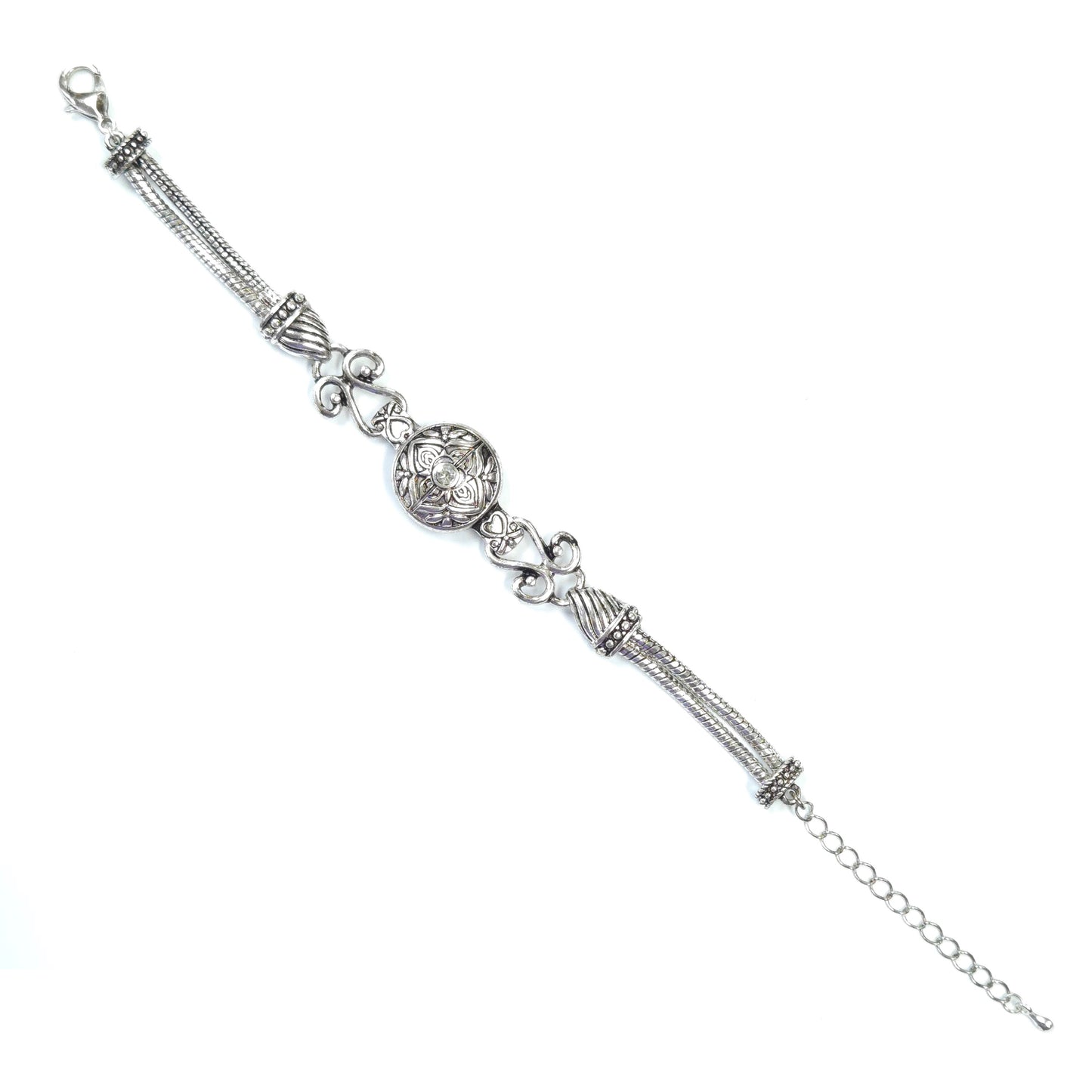 Silver bracelet with decorative elements on a white background