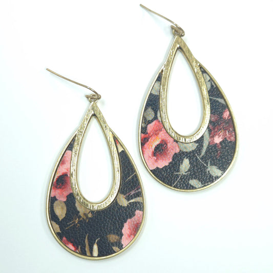 Teardrop-shaped earrings with floral design on a white background
