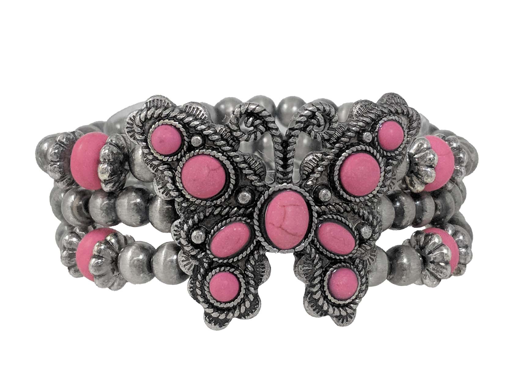 Western-inspired butterfly stretch bracelet with ornate antique silver detailing, pink stone accents, and layered metallic beads.