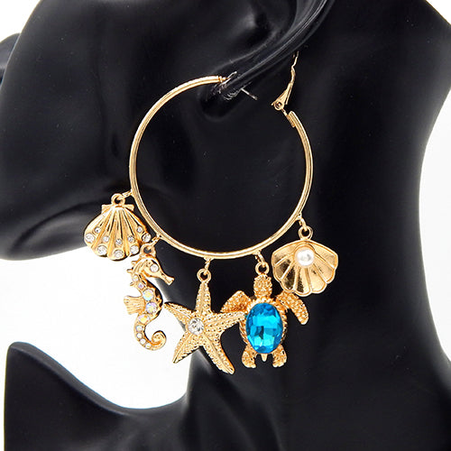 E1129 YE3555 Shell Starfish Turtle Seahorse Design Charms Dangle Hoop Earrings