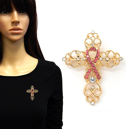 BR0183 YM2132 Pink Ribbon Design Cross Shape Brooch