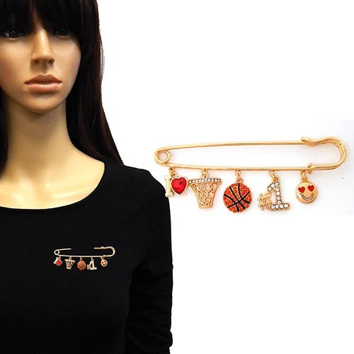 BR0187 YM2180 Basketball Charms Safety Pin Brooch