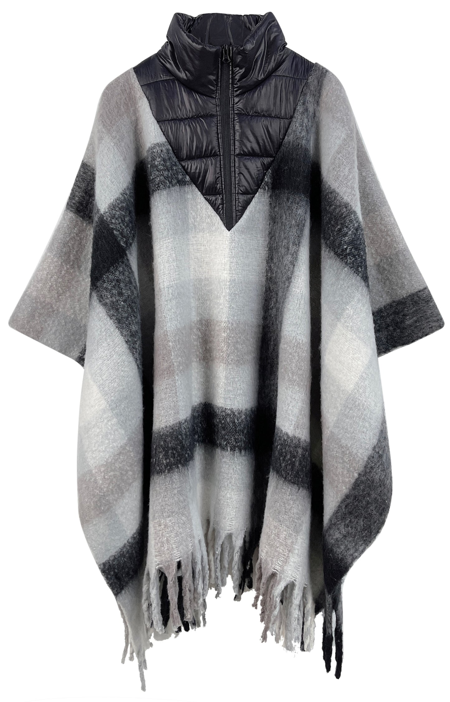 Plaid Half Zip Up Fringe Poncho | PC99