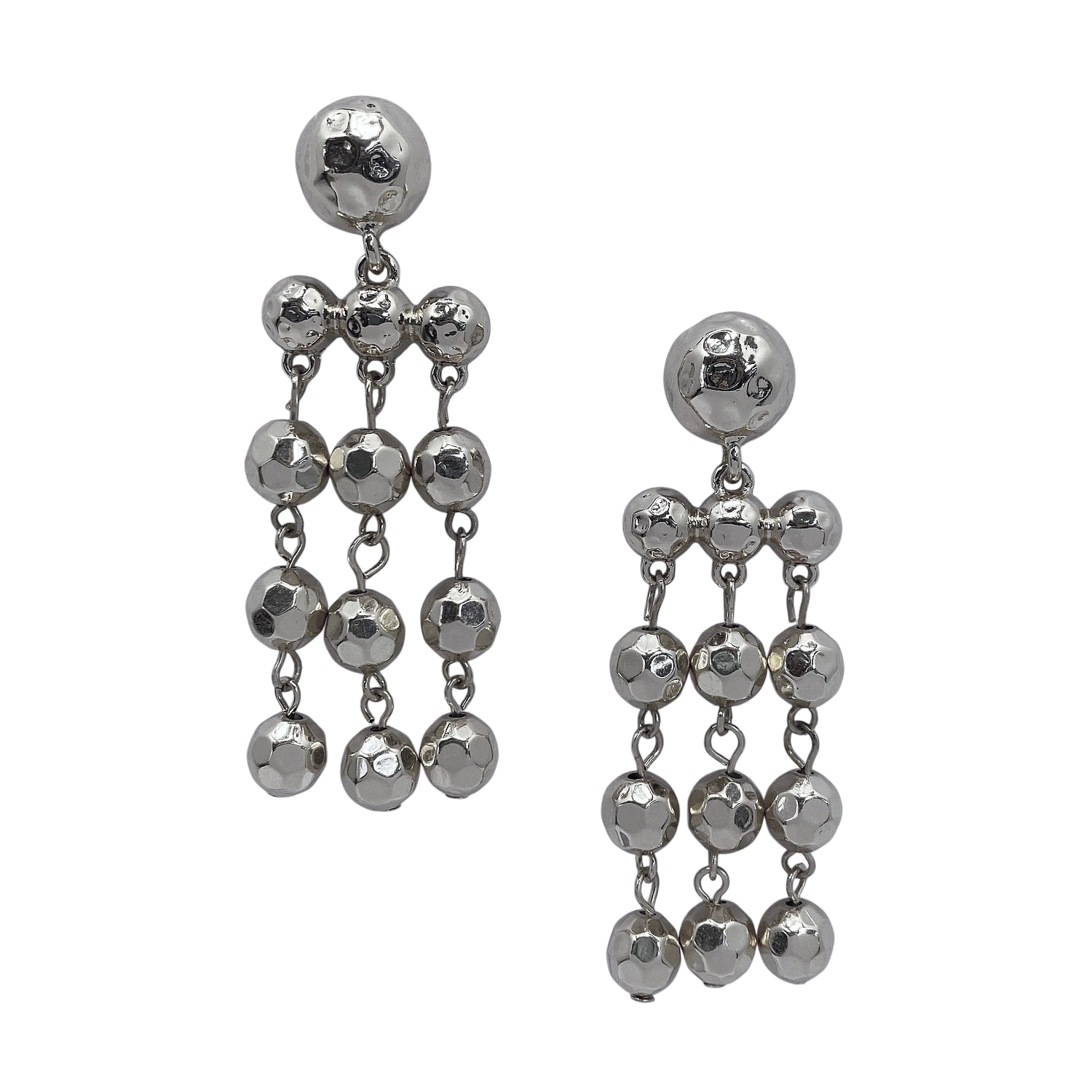 Silver beaded earrings on a white background