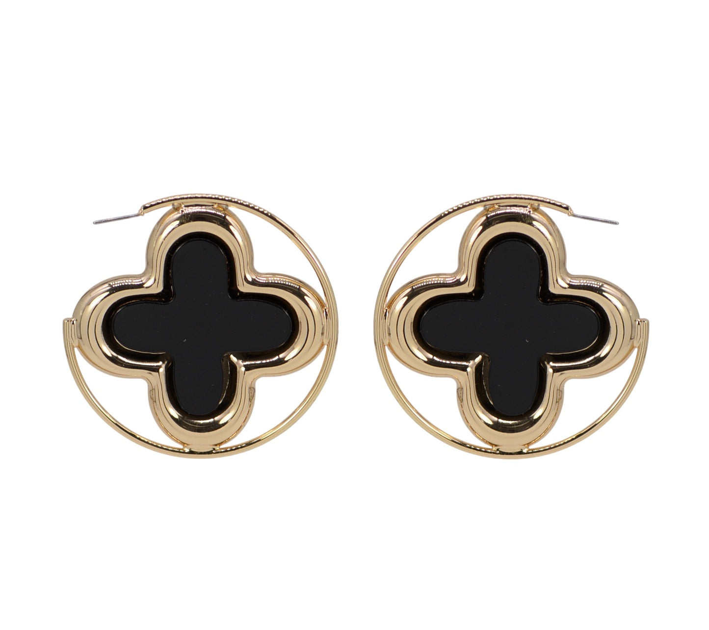 Pair of gold earrings with black clover-like centers on a white background