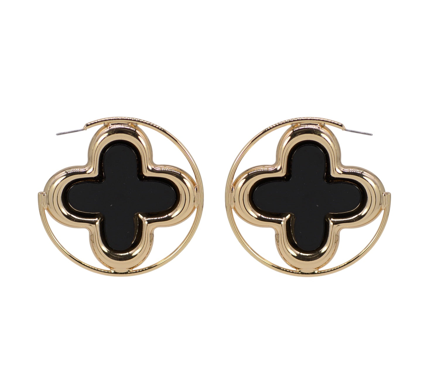 Pair of gold earrings with black clover-like centers on a white background
