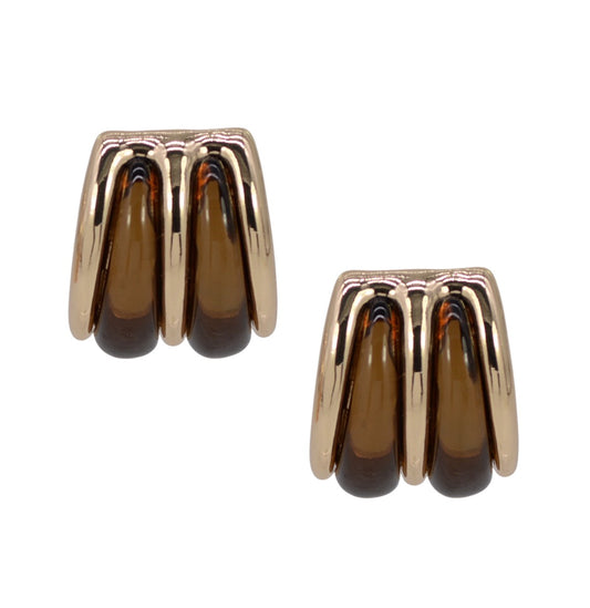 Gold drop post earrings with brown gemstones on a white background