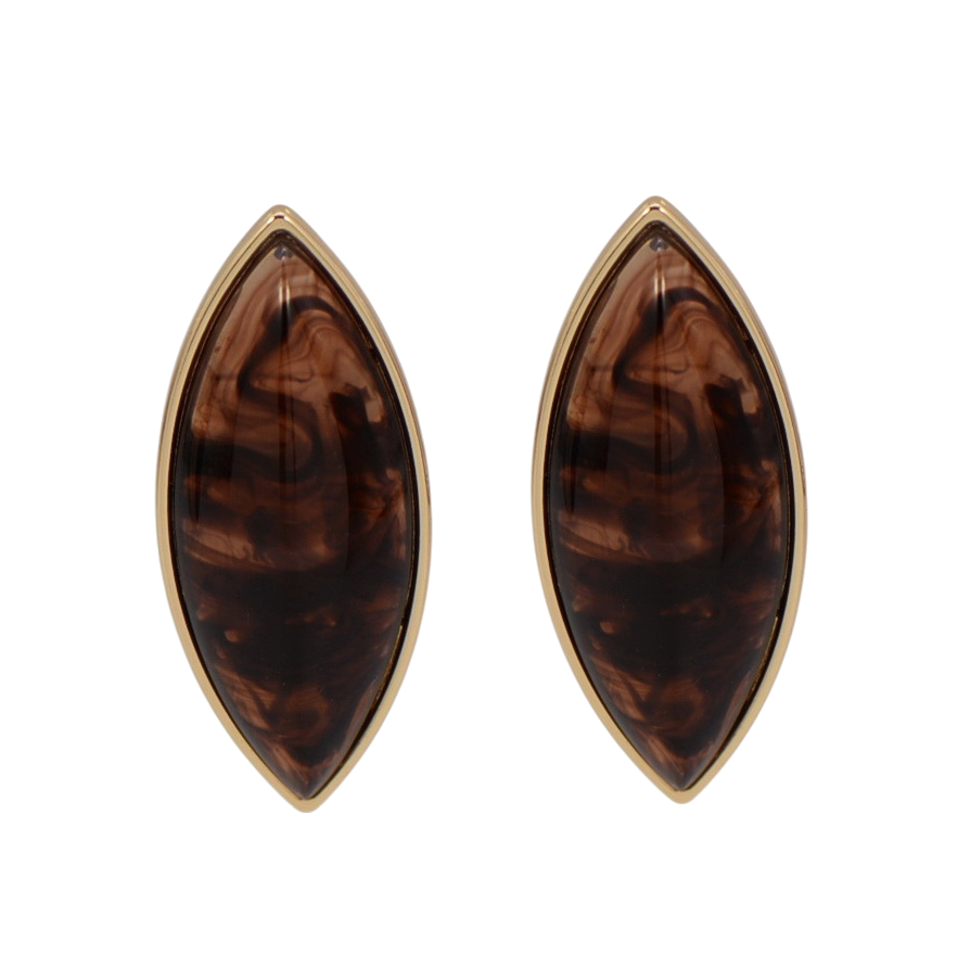 Pair of brown marquise-shaped earrings with gold accents on a white background