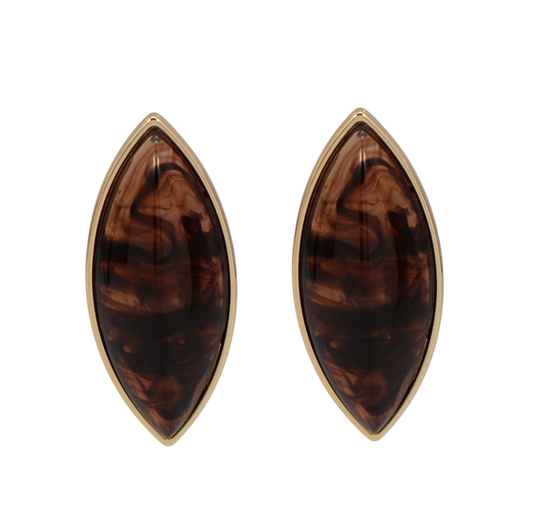 Pair of brown marquise-shaped earrings with gold accents on a white background