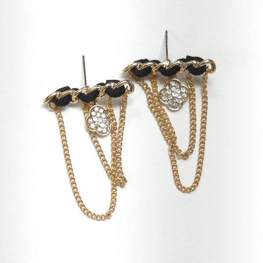 Gold chain earrings with black accents on a white background