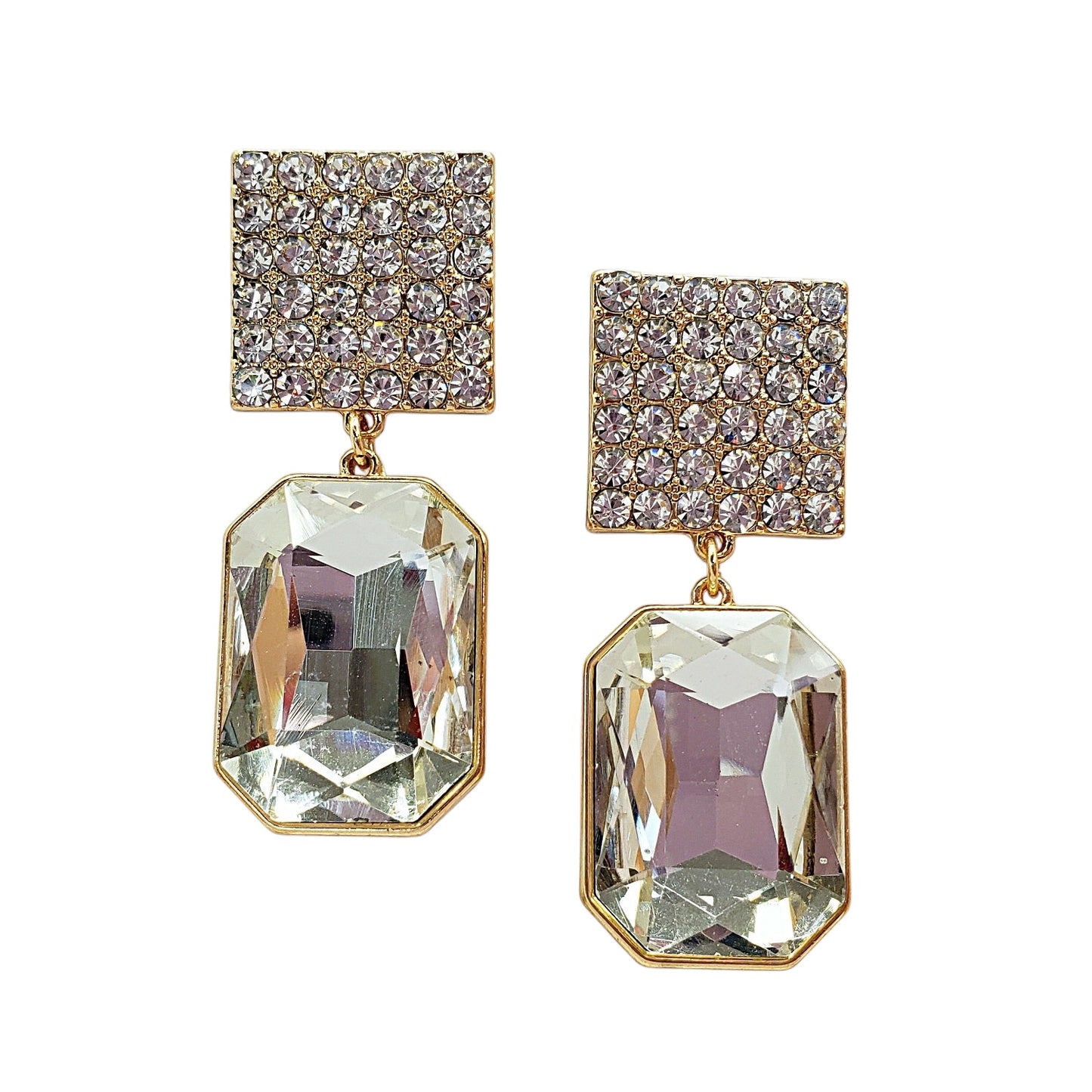 Pair of gold and crystal earrings on a white background