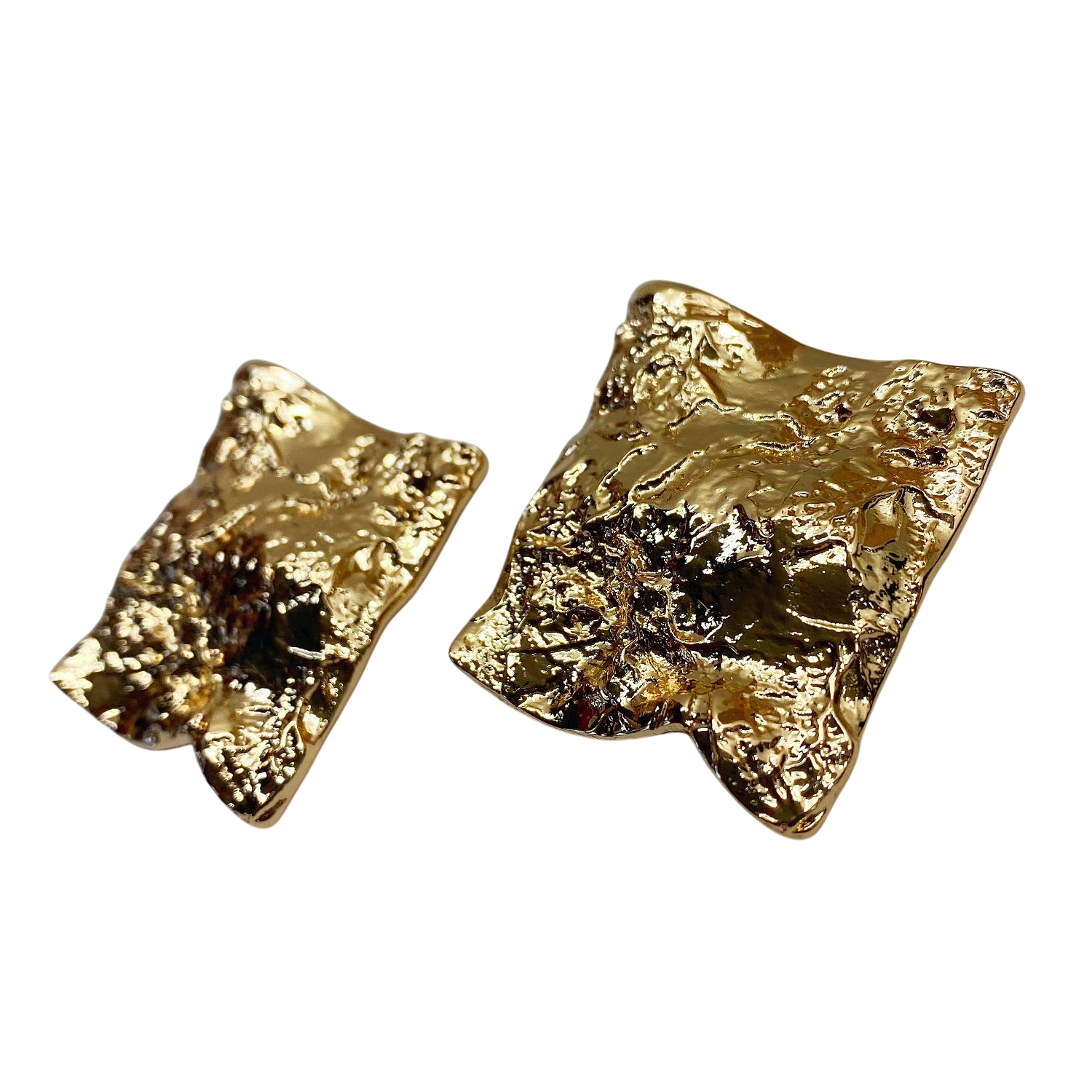 Pair of gold square earrings on a white background
