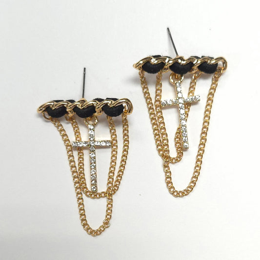 Gold chain earrings with black accents on a white background