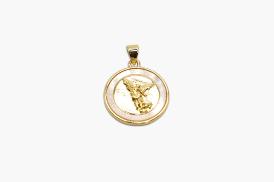 Gold pendant with a circular design on a white background