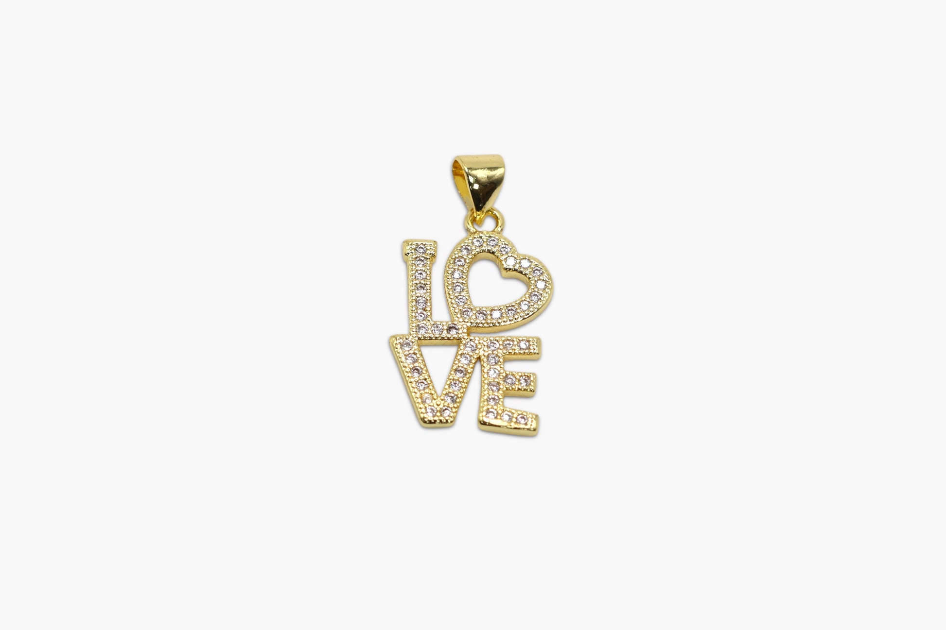 Gold pendant with 'I LOVE' inscription on a white background