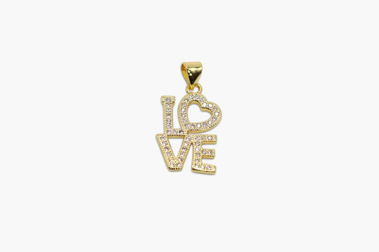 Gold pendant with 'I LOVE' inscription on a white background