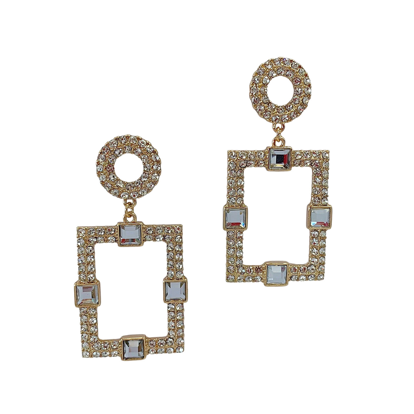 Gold earrings with square and circular designs on a white background
