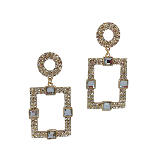 Gold earrings with square and circular designs on a white background