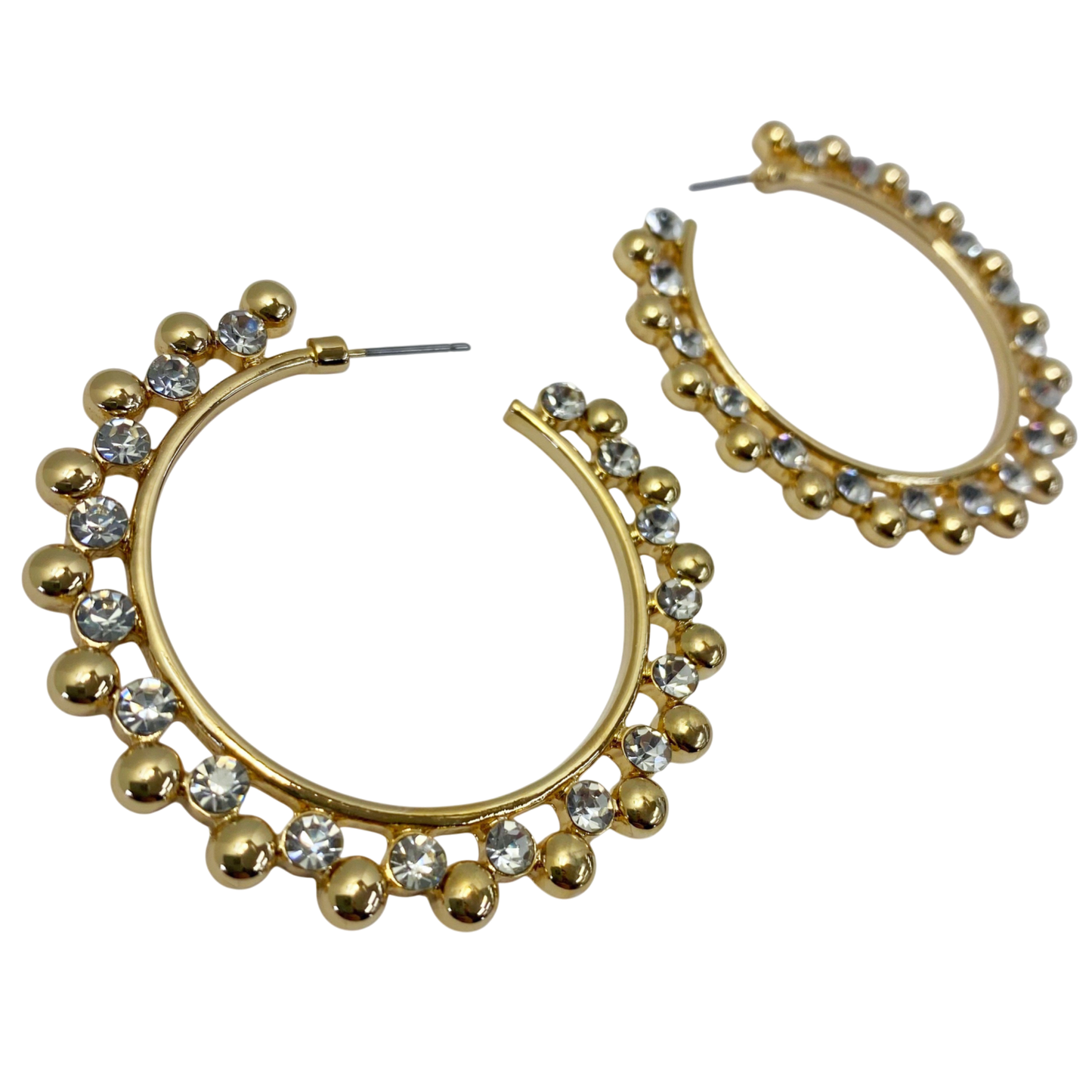 Gold hoop earrings with embedded stones on a white background