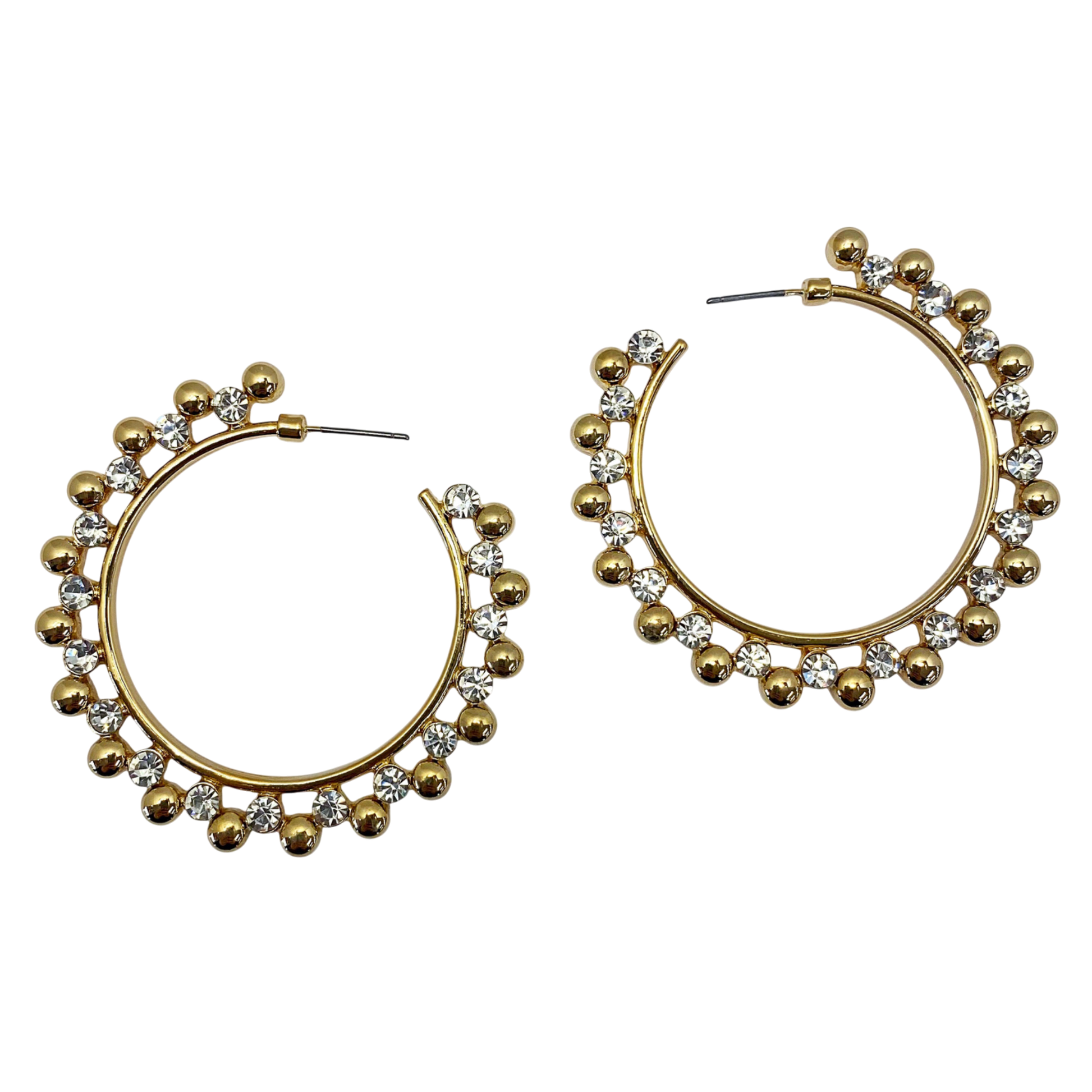Gold hoop earrings with embedded stones on a white background