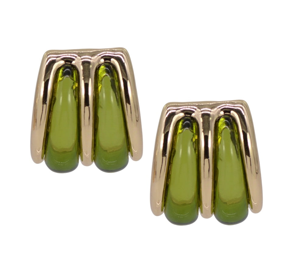 Gold drop post earrings with green gemstones on a white background