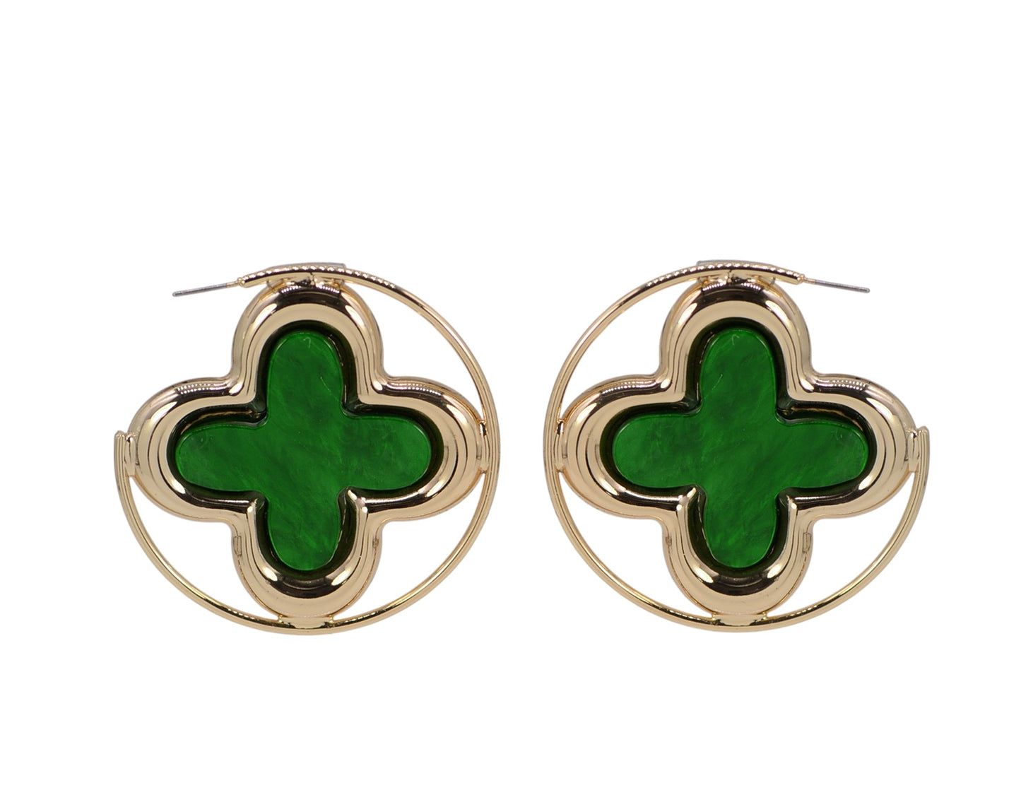 Pair of gold earrings with green clover-like centers on a white background