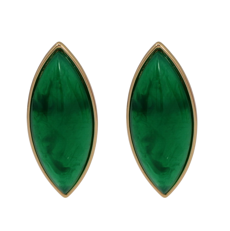 Pair of green marquise-shaped earrings with gold accents on a white background