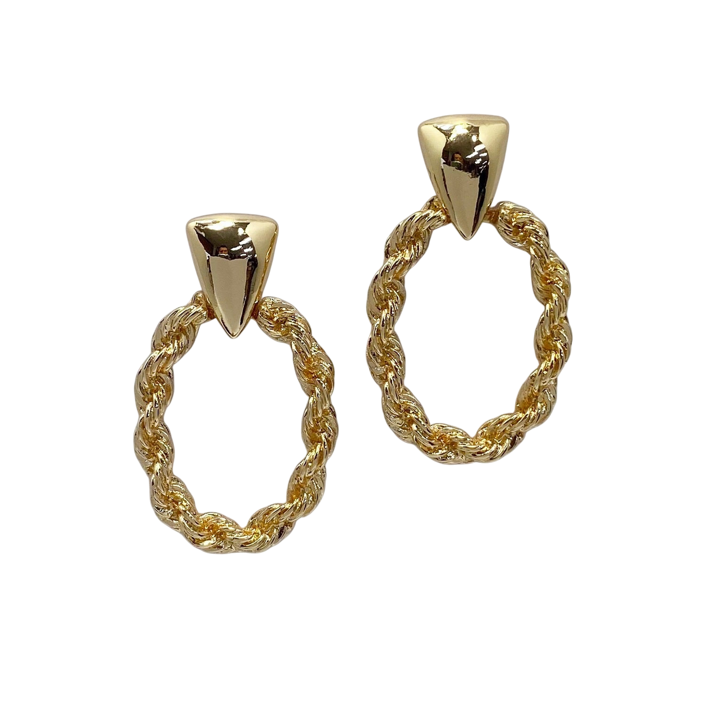 Pair of gold hoop earrings with twisted design on a white background