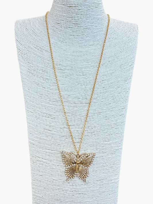 N0387|Rhinestones Accented Butterfly Shape Pendant Necklace |KS4005