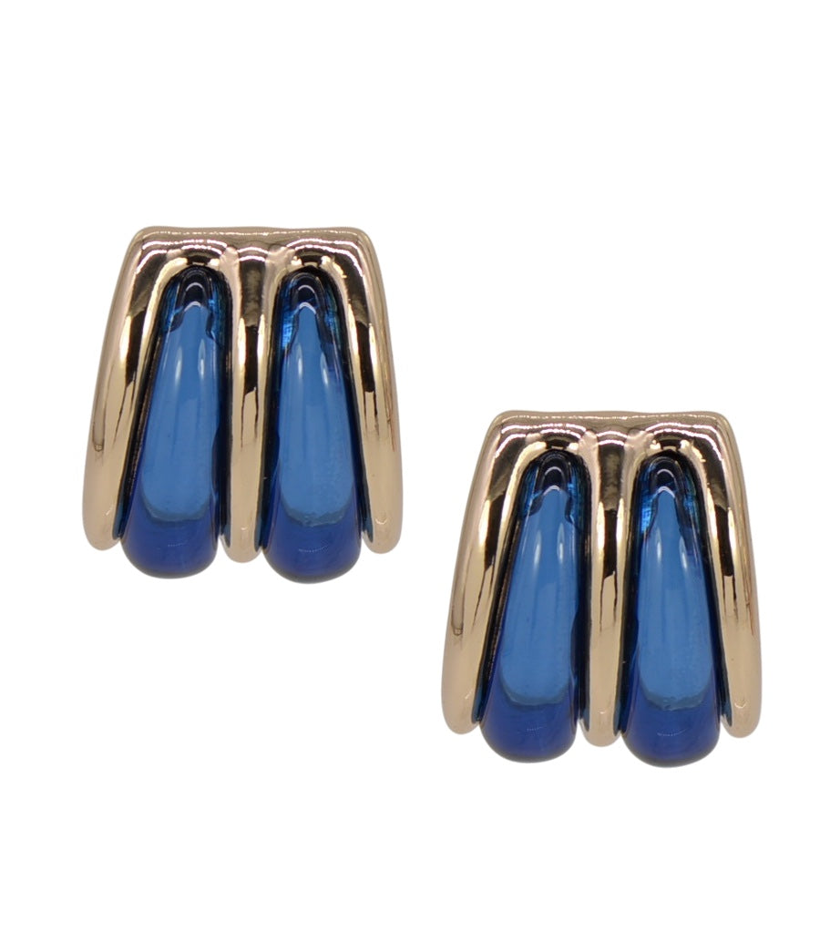 Gold drop post earrings with navy gemstones on a white background