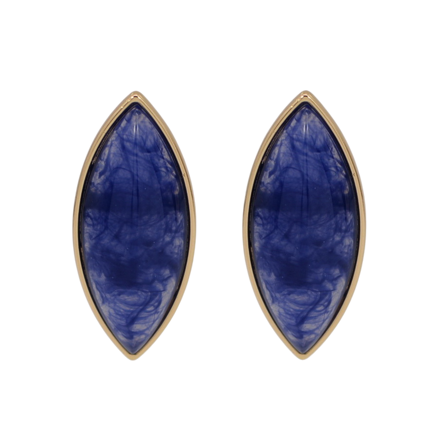Pair of navy marquise-shaped earrings with gold accents on a white background