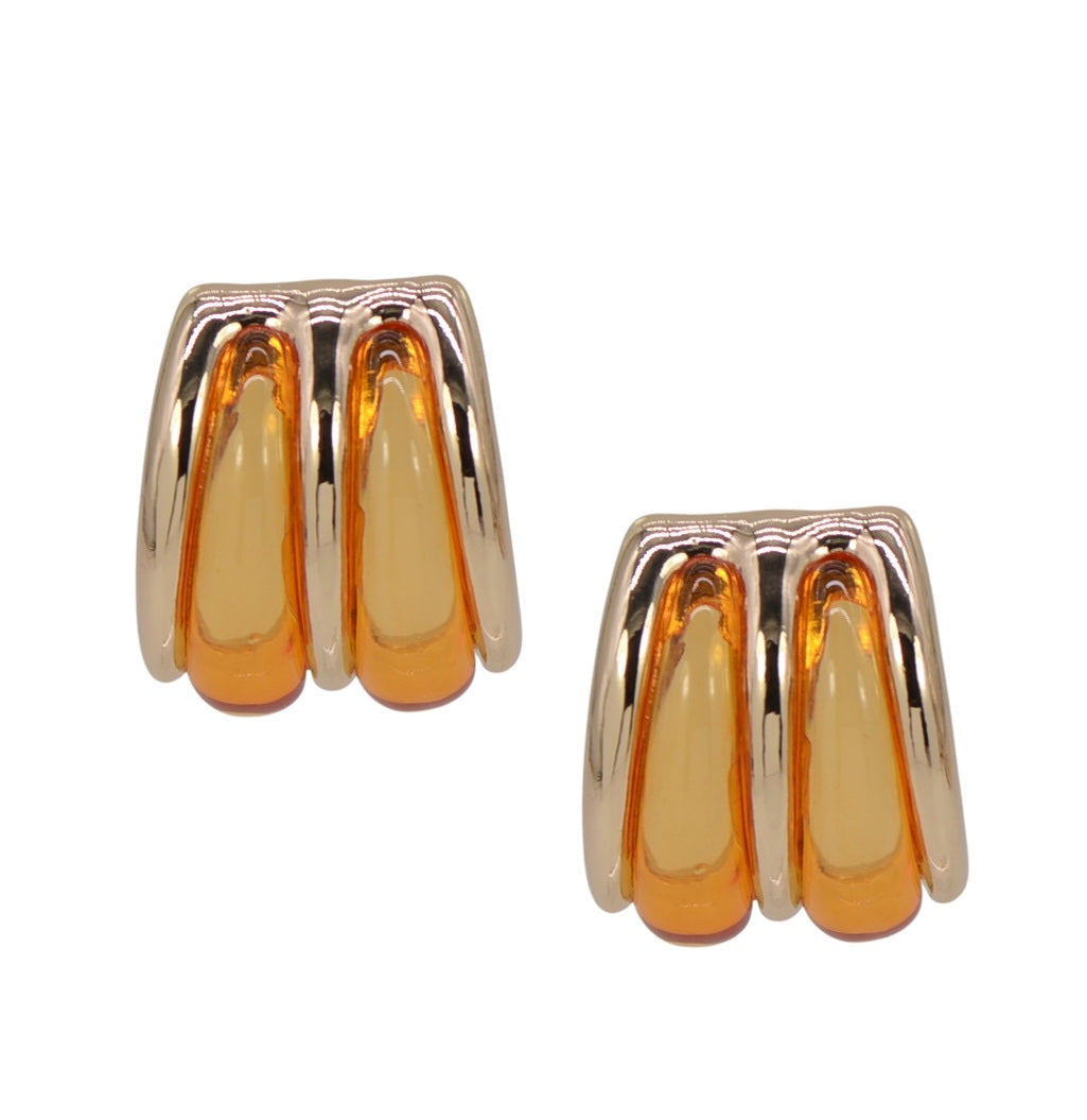 Gold drop post earrings with orange gemstones on a white background