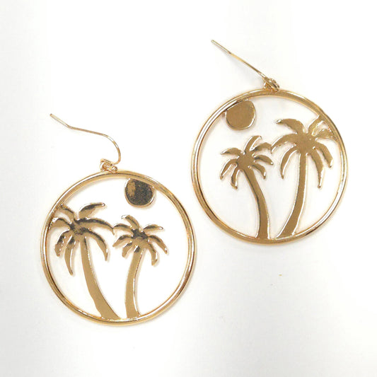 Gold hoop earrings with palm tree designs on a white background