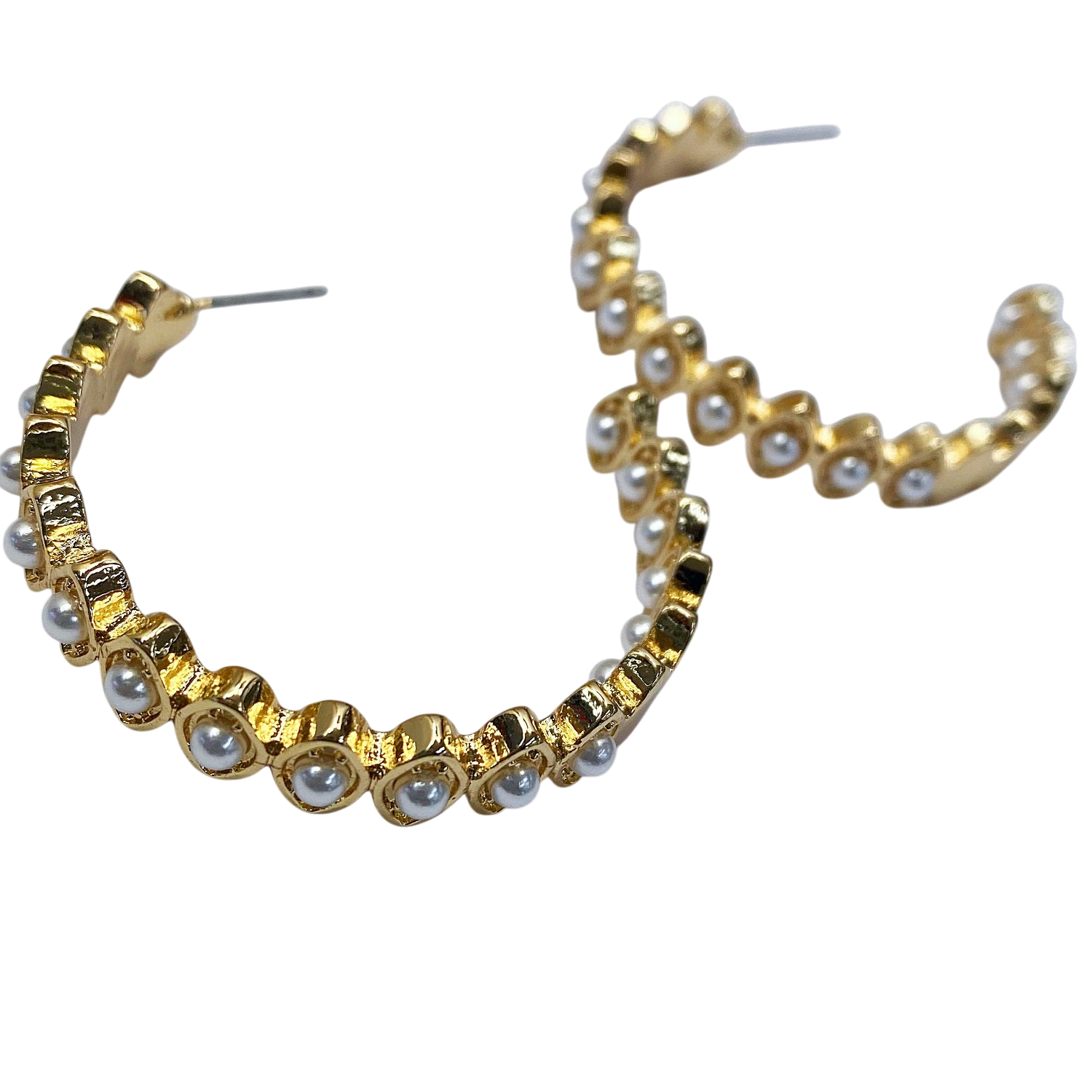 Gold hoop earrings with pearl accents on a white background