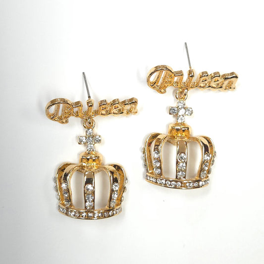 Gold crown earrings with 'Princess' text on a white background