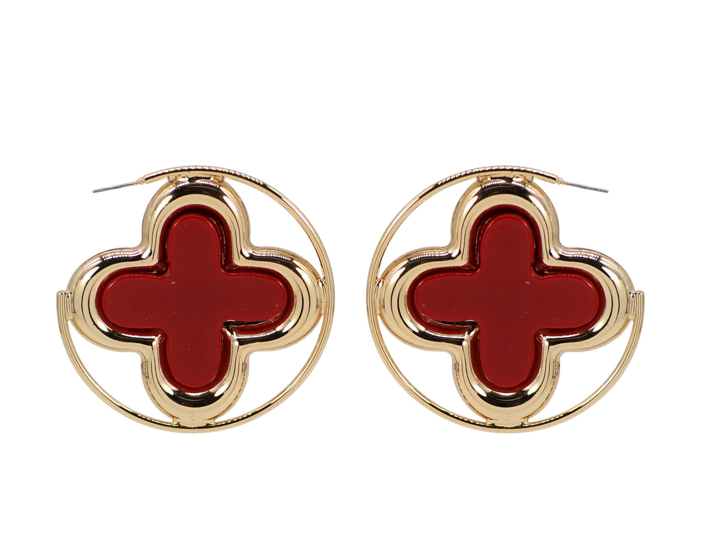 Pair of gold earrings with red clover-like centers on a white background