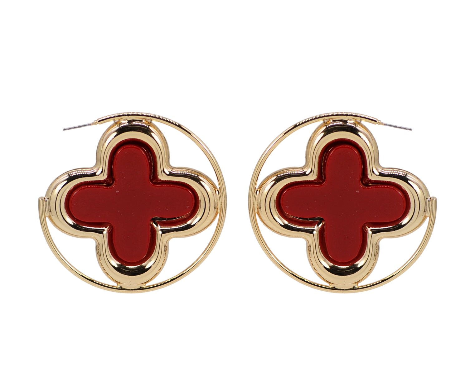 Pair of gold earrings with red clover-like centers on a white background