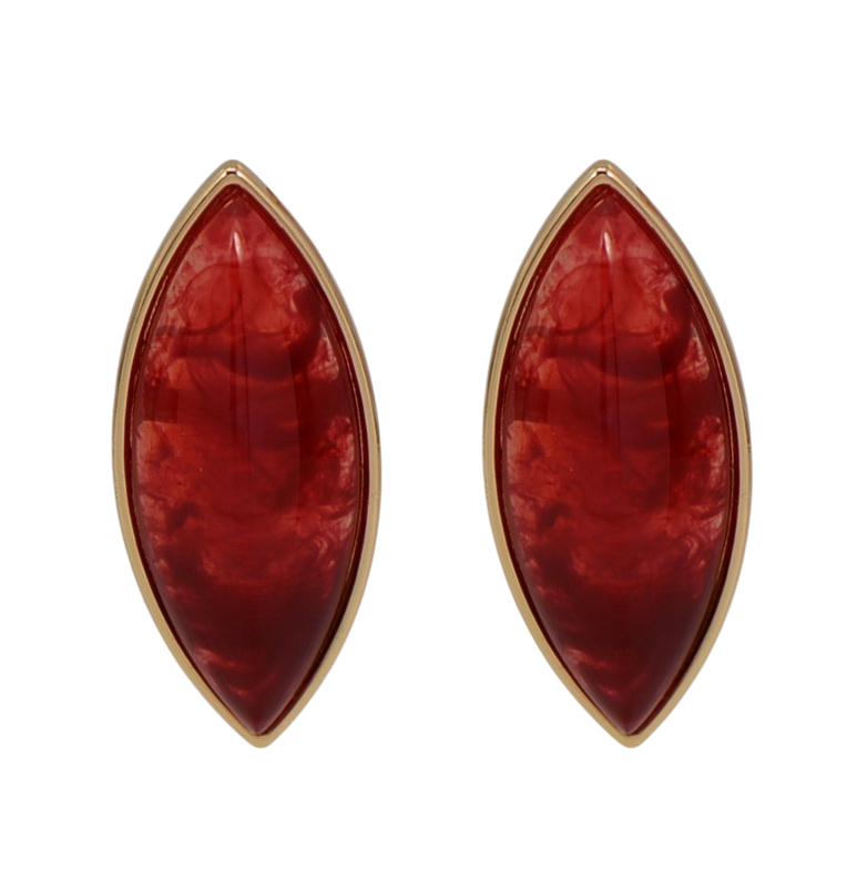 Pair of red marquise-shaped earrings with gold accents on a white background