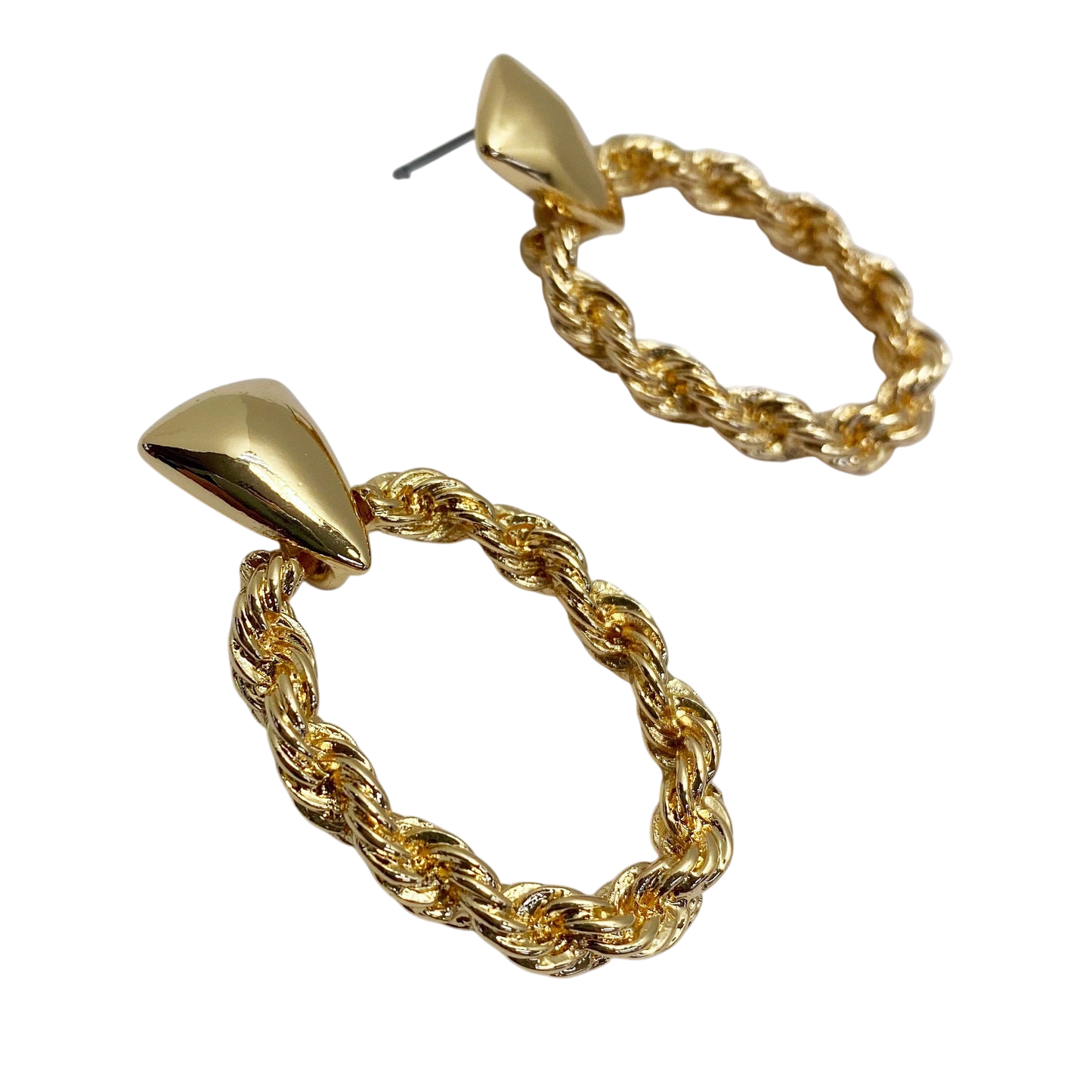 Pair of gold hoop earrings with twisted design on a white background