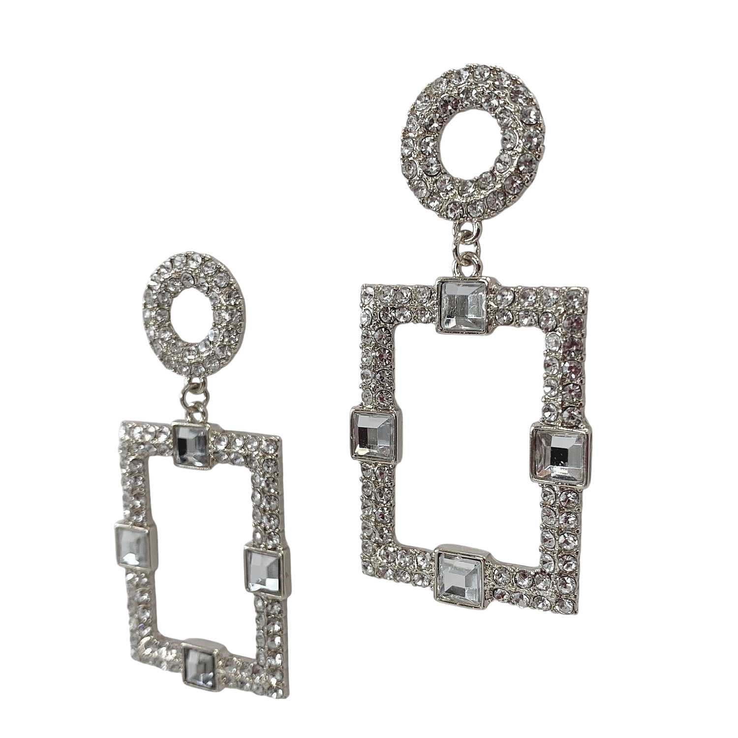 Silver earrings with square and circular designs on a white background