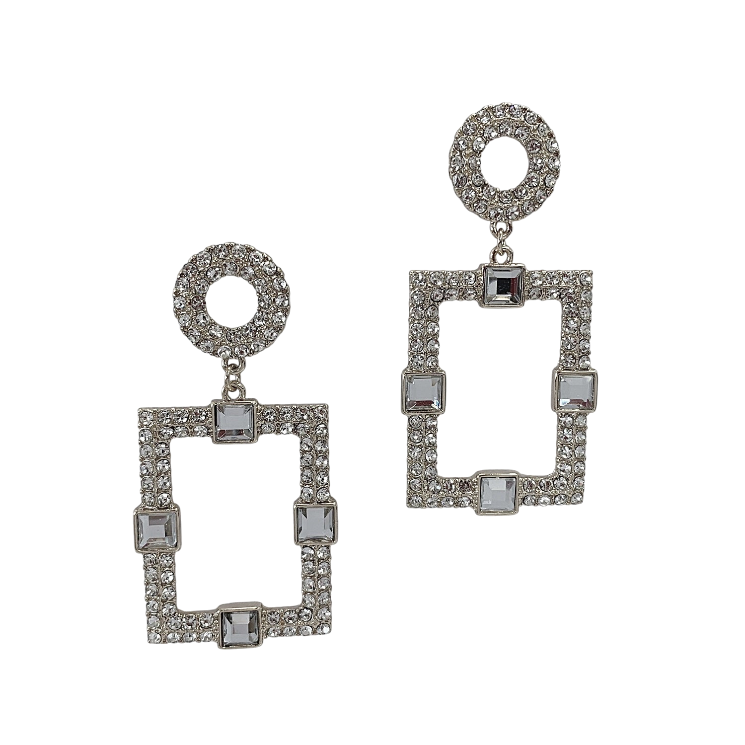 Silver earrings with square and circular designs on a white background
