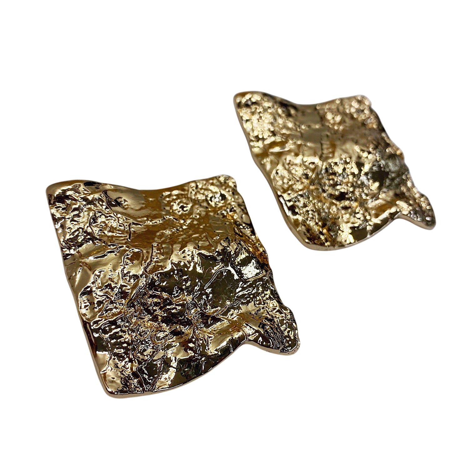 Pair of gold square earrings on a white background