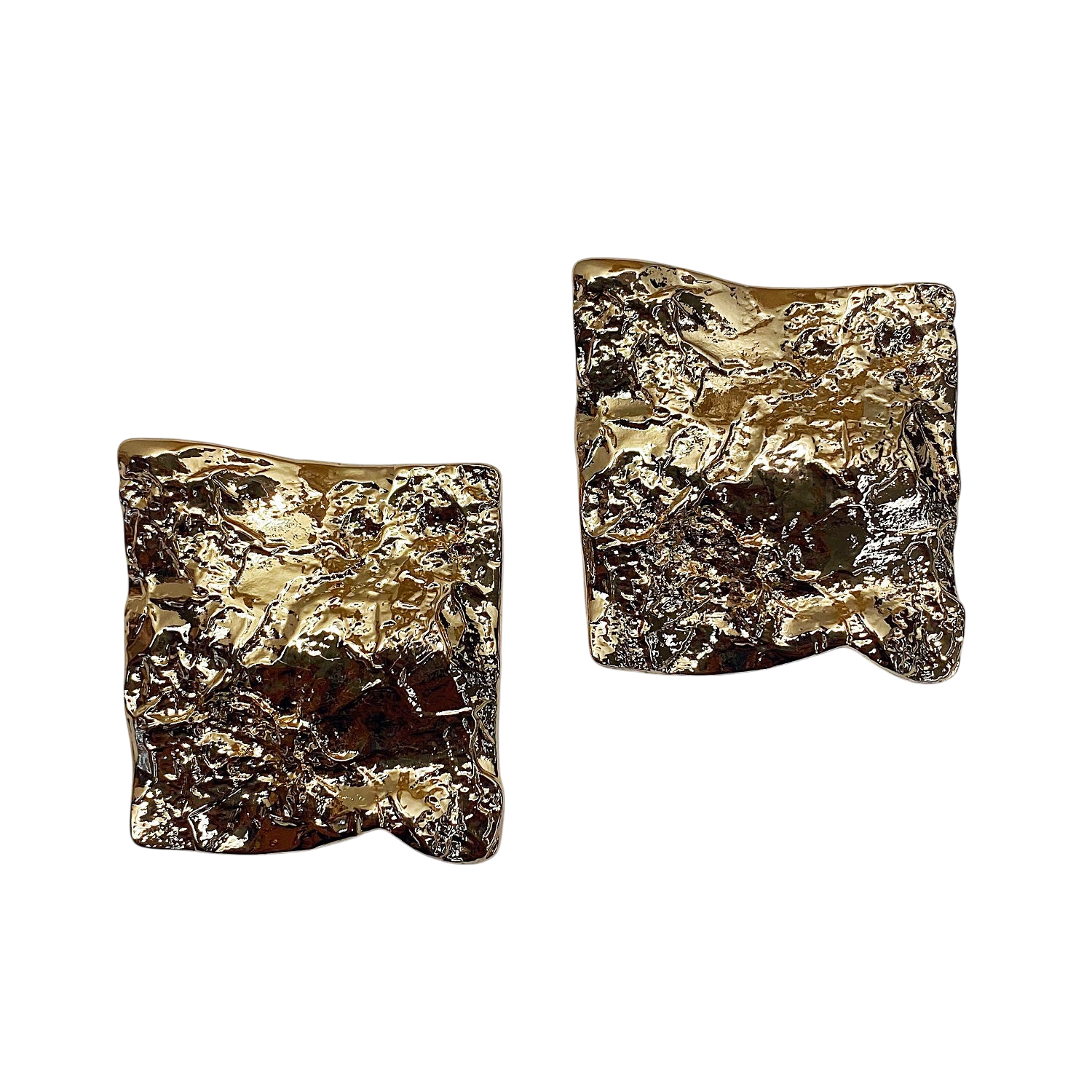 Pair of gold square earrings on a white background