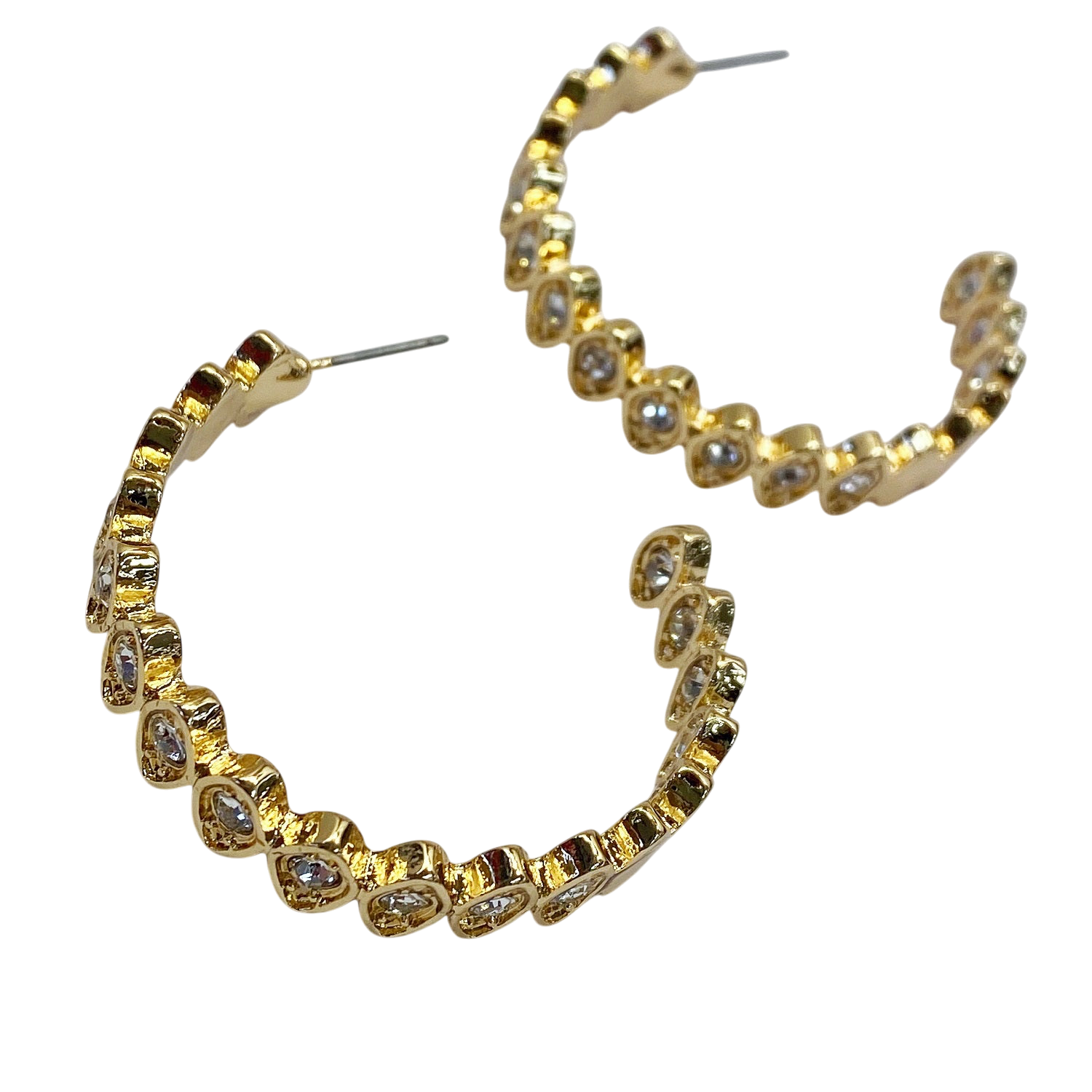 Gold hoop earrings with embedded stones on a white background