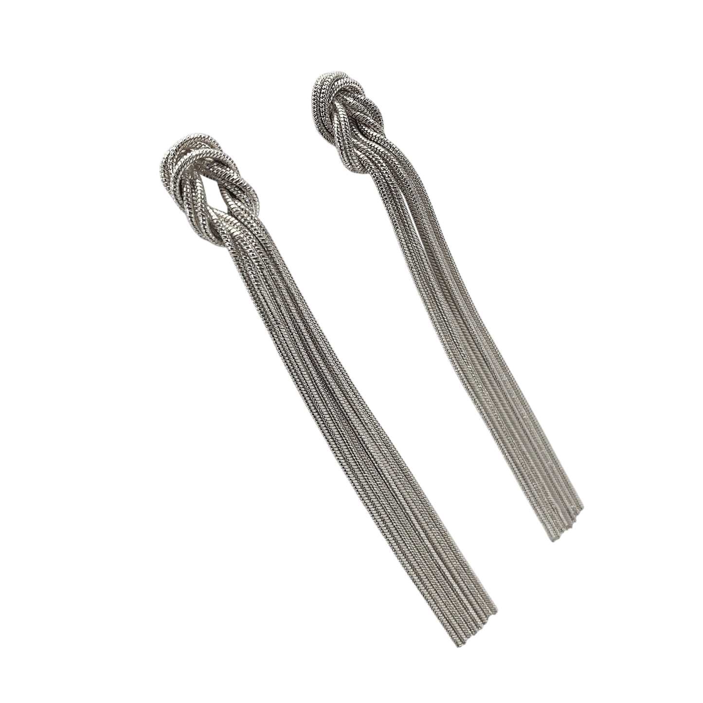 Pair of silver tassel earrings on a white background