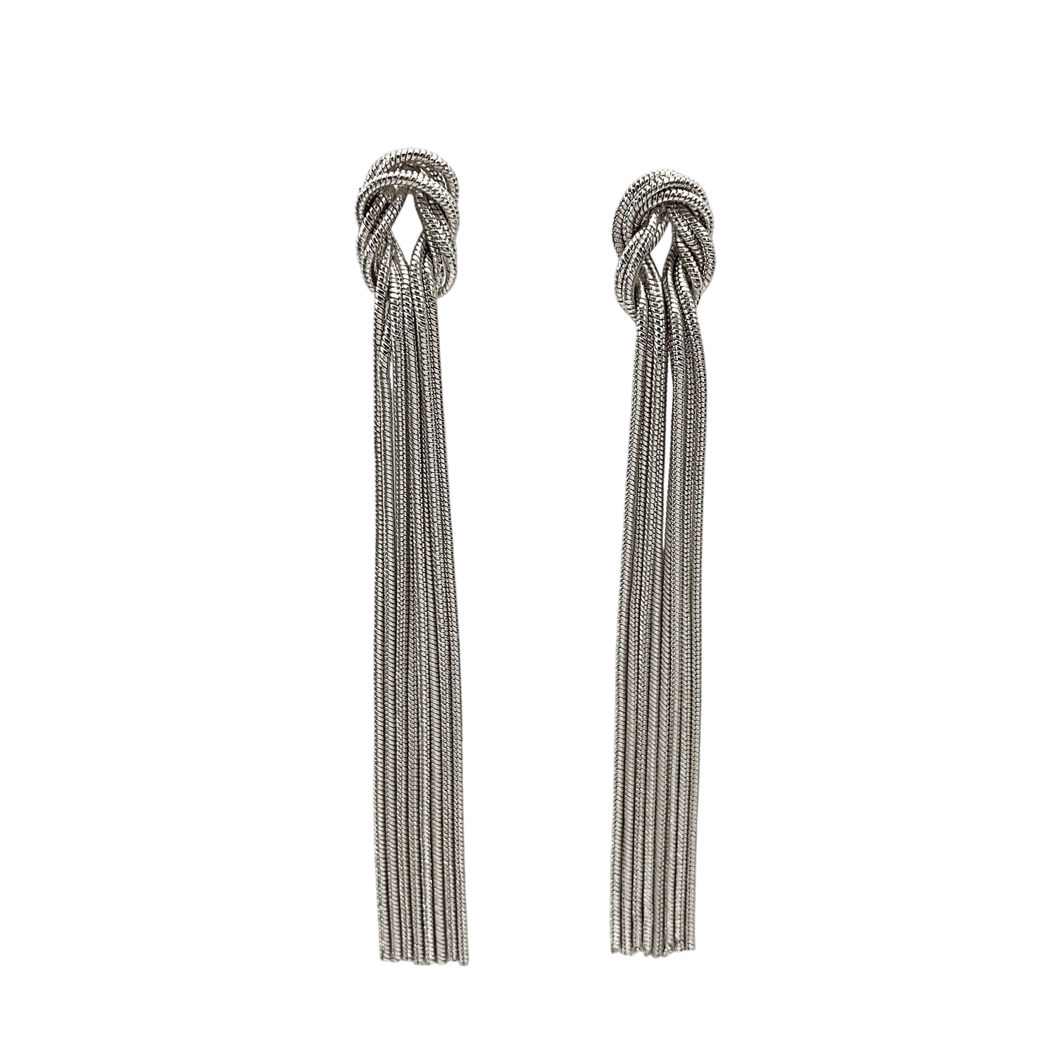 Pair of silver tassel earrings on a white background