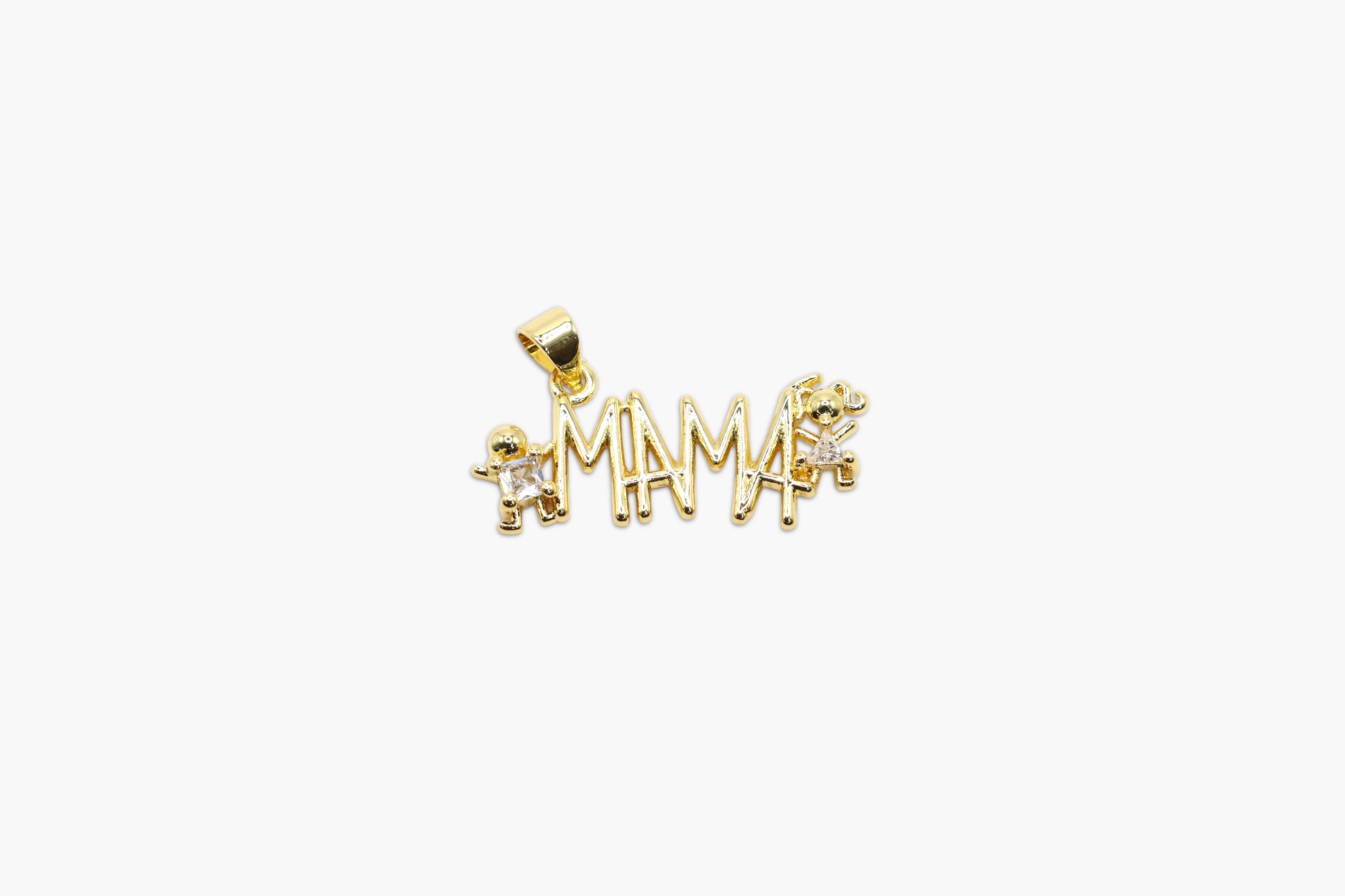 Gold pendant with 'MAMAN' inscription on a white background