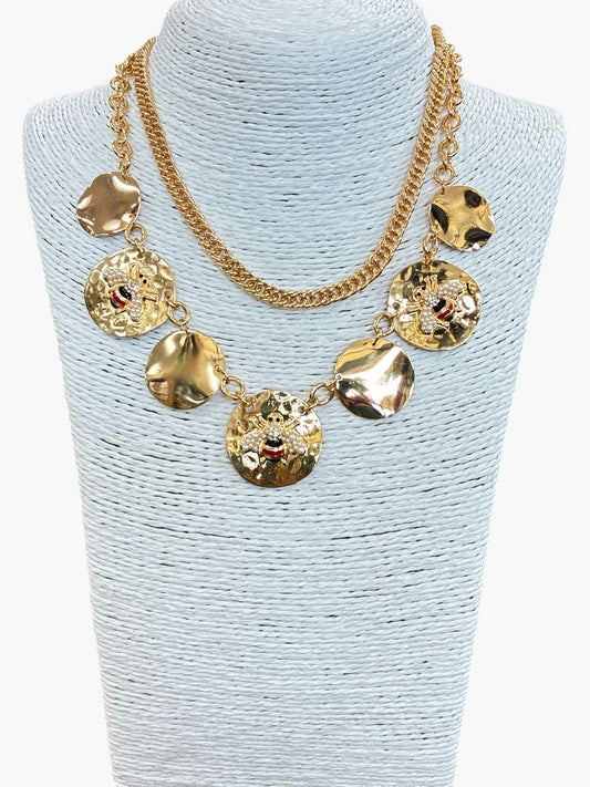 N3089 Bee Coin Double Chain Necklace