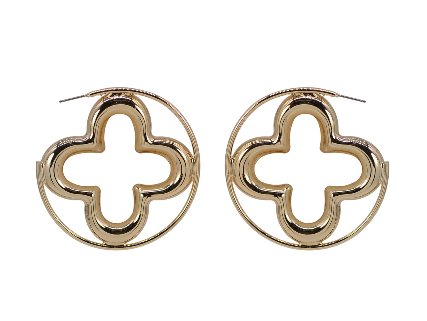 Pair of gold earrings with white clover-like centers on a white background
